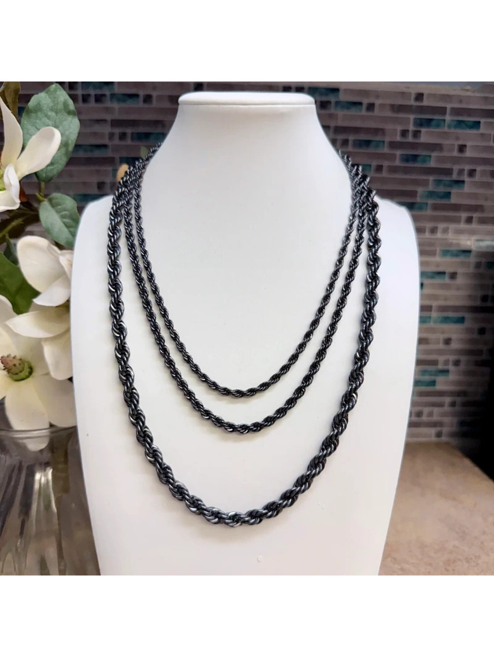 Chico's Black Triple Strand Rope Chain Necklace Multi Layered Tiered